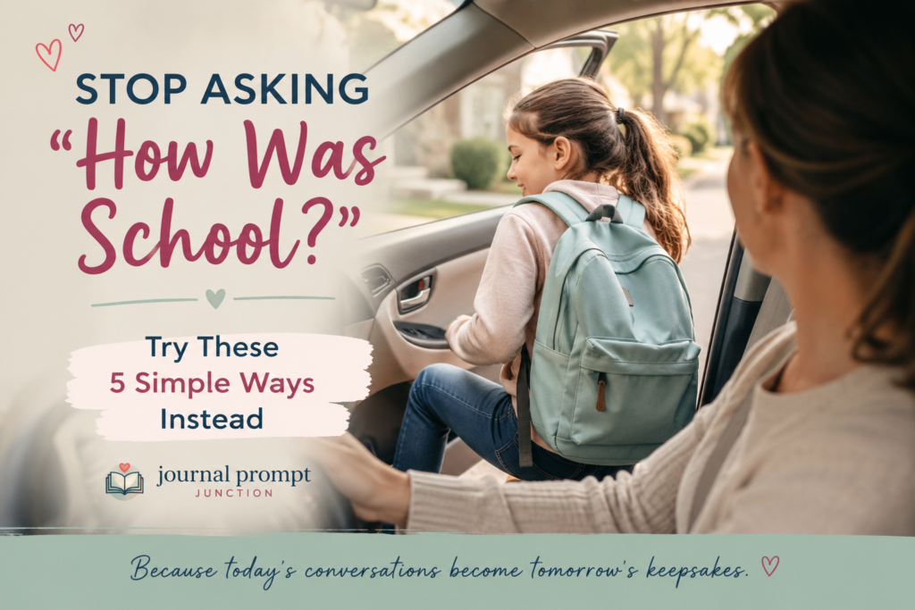 Image of a mom and daughter in a car, the daughter is getting out of the car and the caption is stop asking how was school - try these 5 simple ways instead becaudse today's conversations become tomorrow's keepsakes