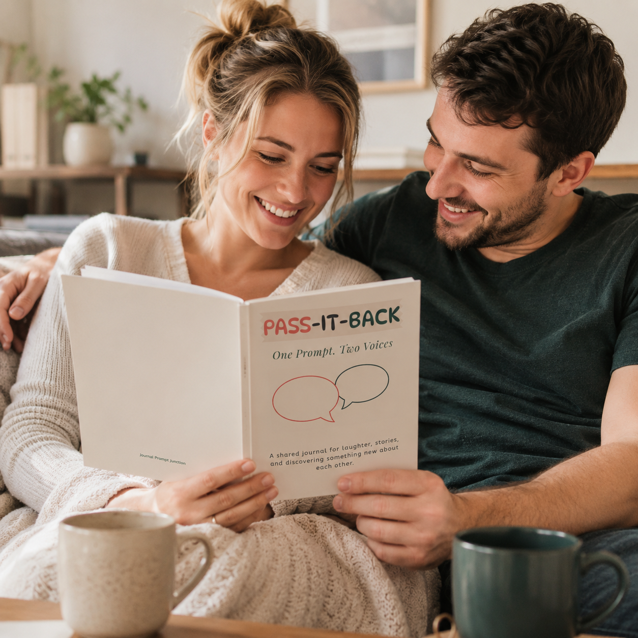 Two people enjoying a Pass-It-Back shared journal together