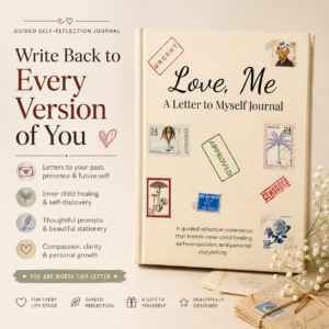 Love, Me guided self-reflection and inner child healing journal with thoughtful writing prompts, self-compassion exercises, and nostalgic vintage stationery.