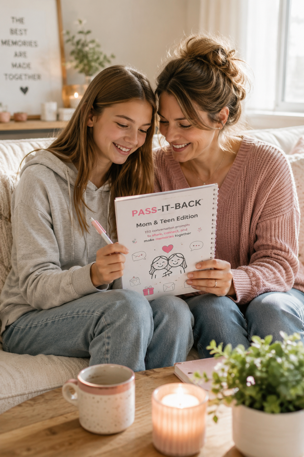 picture of a mother and daughter on a couch holding a pass it back shared journal
