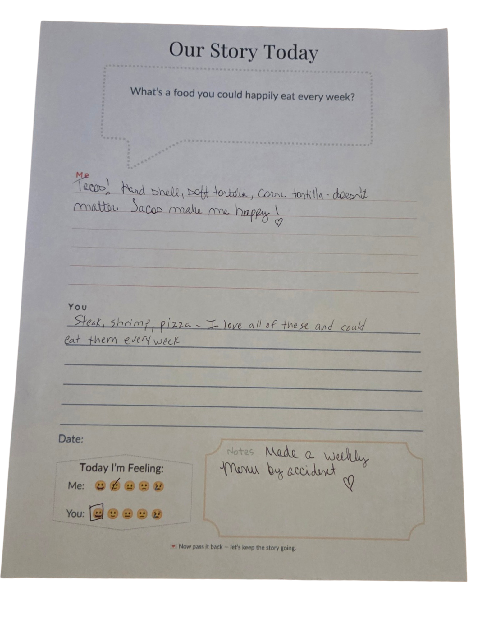 Completed Pass-It-Back for Two shared journal prompt page with answers from two people