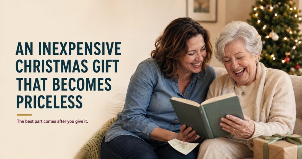 Adult daughter giving her mother a shared journal as a Christmas gift