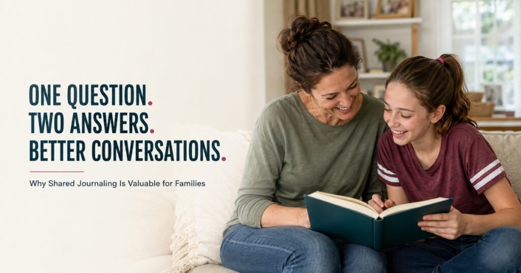 Parent and child sharing a journal and talking together