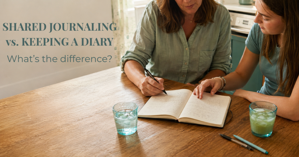 Mother and daughter writing together in a shared journal