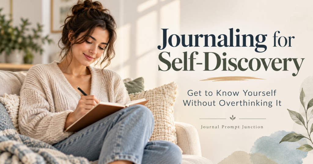 Woman sitting on a cozy couch writing in a journal, illustrating journaling for self-discovery and self-awareness without overthinking it.