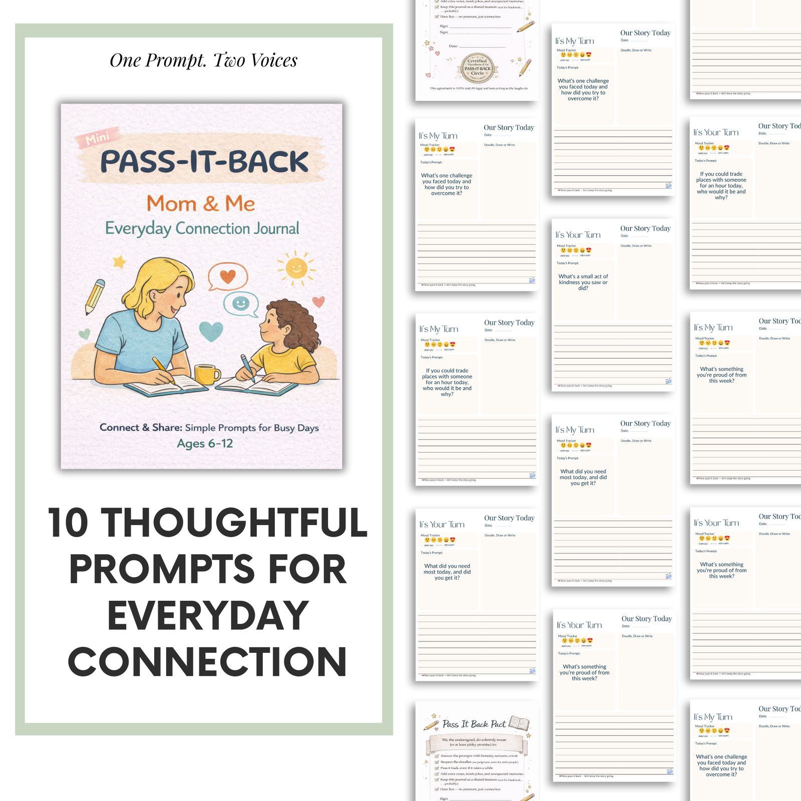 Pass-It-Back Mom & Me printable journal with 10 shared prompts and separate response pages for Mom and child.