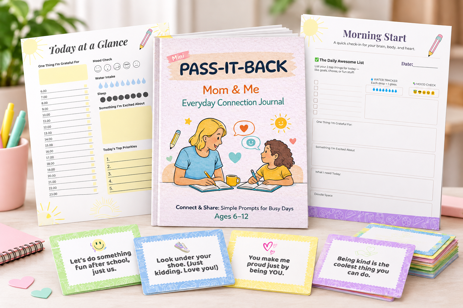 Pass-It-Back Mom & Me printable journal bundle with morning pages and lunchbox notes for moms and children ages 6–12.
