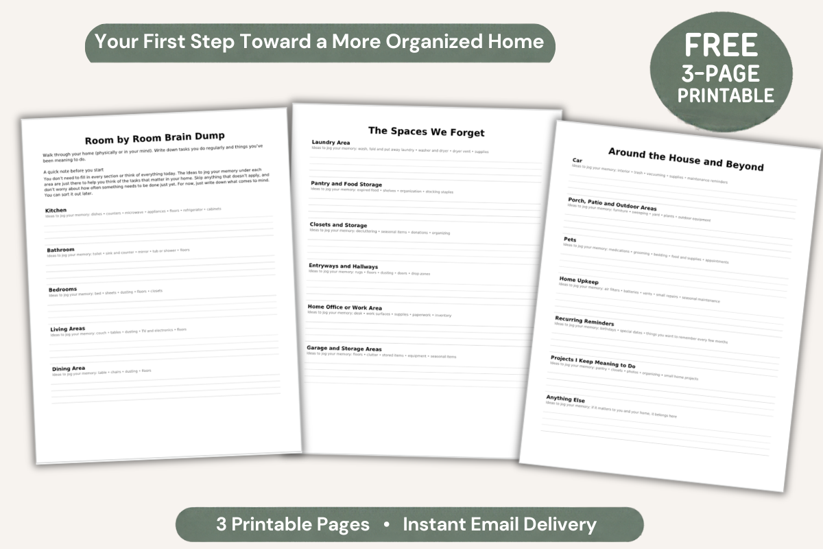 Free Room by Room Brain Dump printable with three worksheets for organizing household chores, maintenance, and projects.