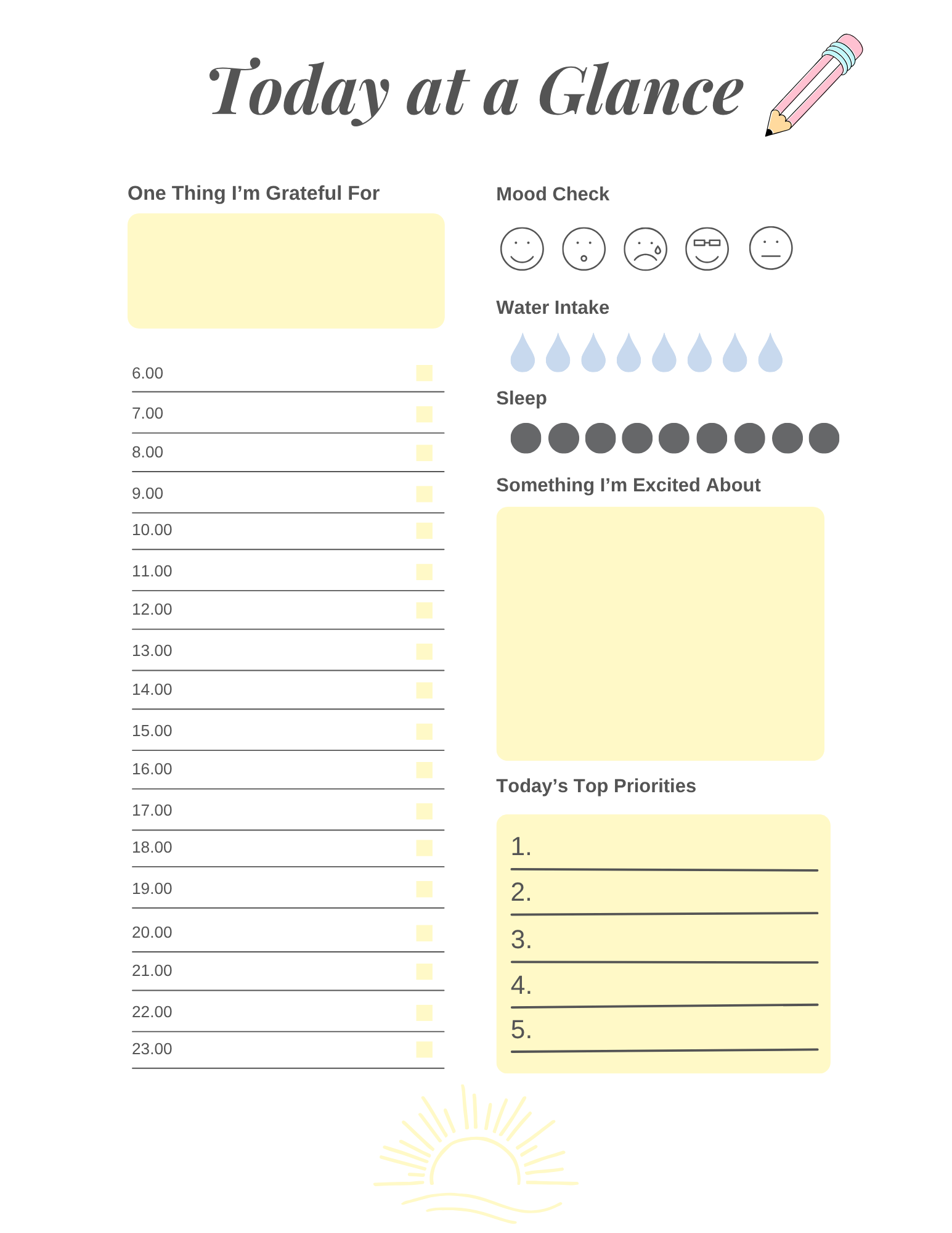 Printable Today at a Glance daily planner page for moms with priorities, gratitude, mood, water and schedule.