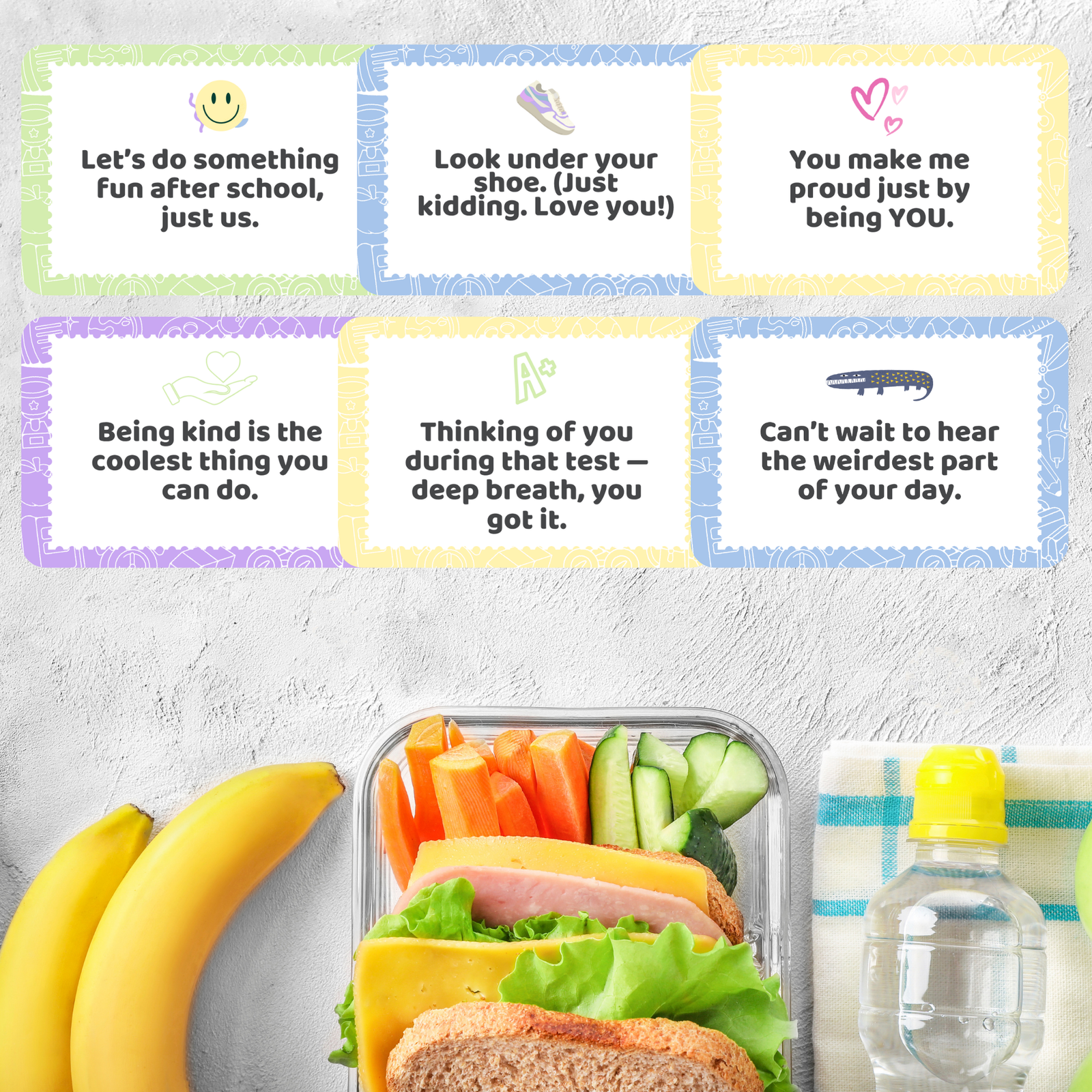 Printable lunchbox notes for Mom and child with 8 notes for each plus 8 blank notes to personalize.