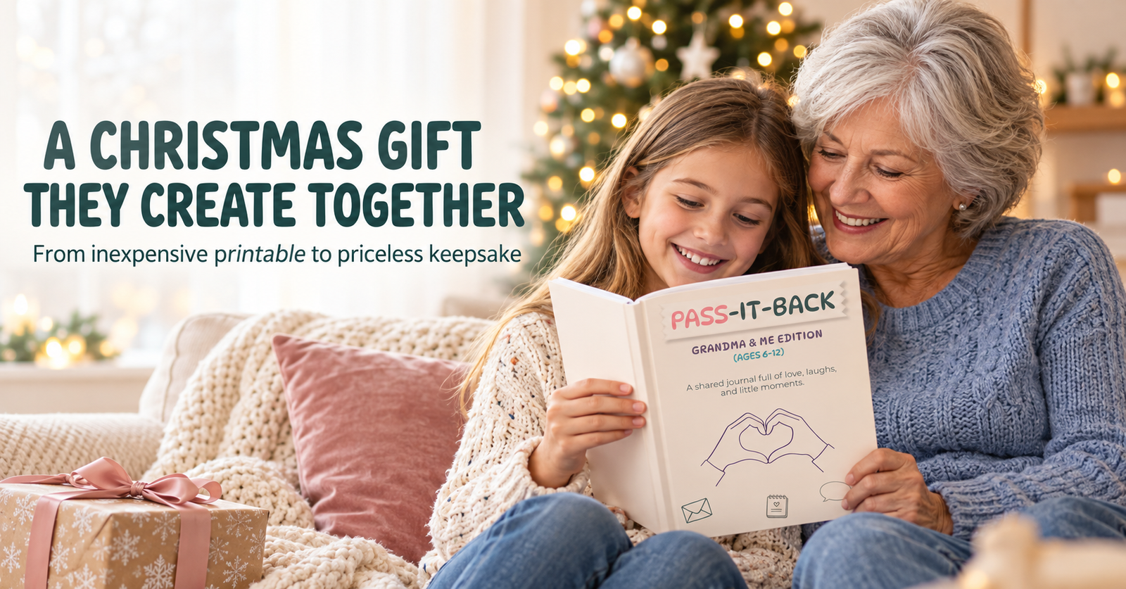 Grandmother and young granddaughter reading a Pass-It-Back Grandma and Me journal beside a Christmas tree