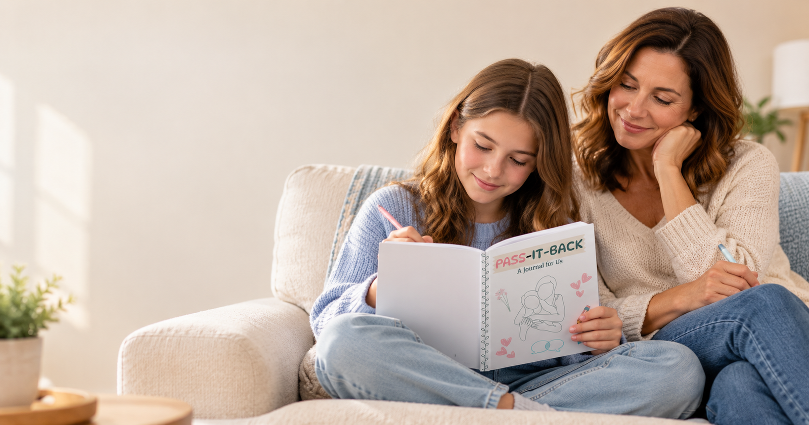 Mother and quiet tween daughter using a Pass-It-Back shared journal together