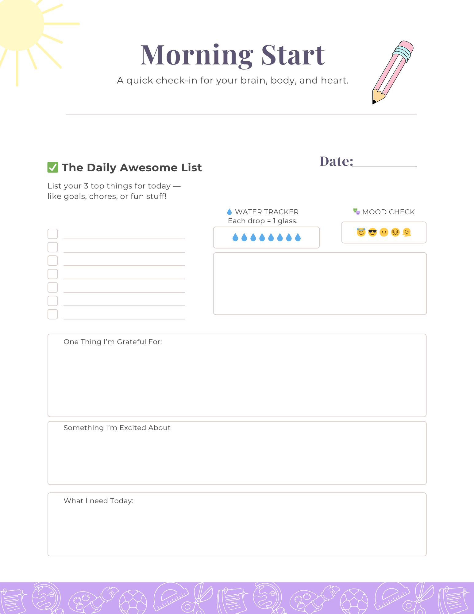 Printable Morning Start page for kids with daily goals, mood, gratitude, water tracker and doodle space.
