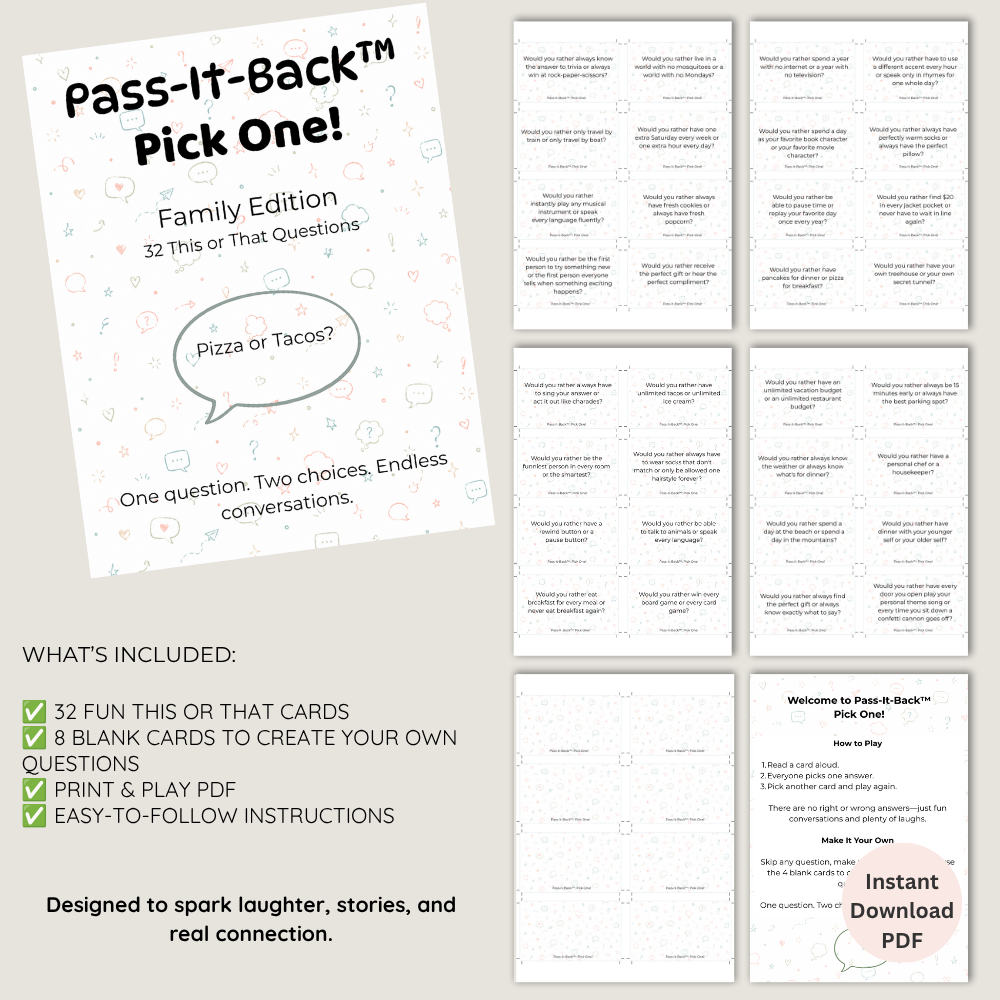 Pass-It-Back™ Pick One! Printable Family Game | 32 This or That Cards - Image 2