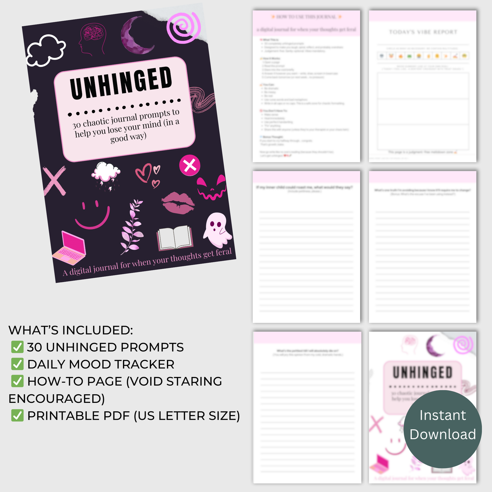 UNHINGED Printable Journal | 30 Funny Journal Prompts for Chaotic Self Reflection - Image 2