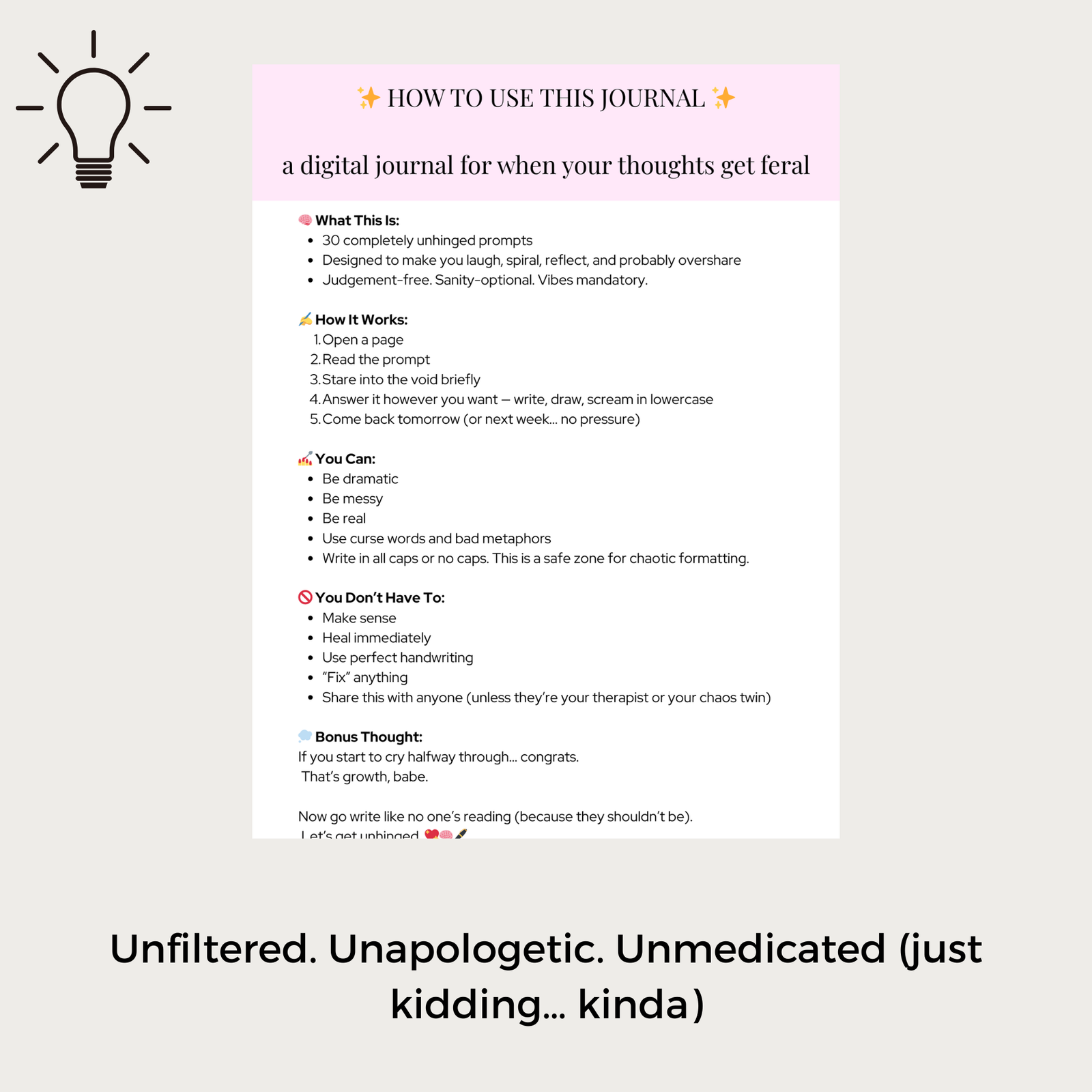 UNHINGED Printable Journal | 30 Funny Journal Prompts for Chaotic Self Reflection - Image 4
